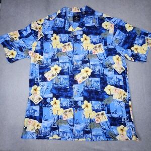 Hawaiian Button Shirt Mens L Silk Blue‎ Tropical Florial Sail Boats Beachwear